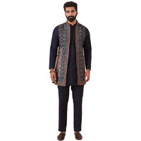 Kisah Mens Kurta Jacket Trouser Set|Pashmina Fabric Jacquard Pattern Mens Ethnic Wear|Regular Fit Mandarin Collar Long Sleeves, Navy Blue, 38