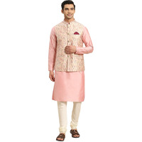 Kisah Men Light Peach Kurta Jacket Set, Full Sleaves, Knee Length, Straight, Regular Fit, Mandarin Collar Ethnic Wear