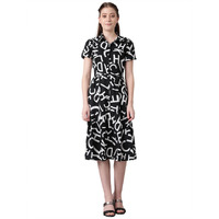 Kotty Women's Collared Neck Fit And Flare Printed Dress(Multicoloured,L)