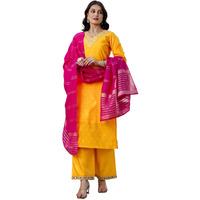 Sanisa Women's Taffeta Embroidery And Sequins Work & Weaving Straight Kurta With Pant And Dupatta Set (204Kbd2168N-L_Yellow)
