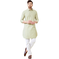 See Designs Men Green Cotton Solid Spread Collar Curved Hem Side Slit Full Sleeve Pathani Kurta With Pyjama - Bnrskt62501S