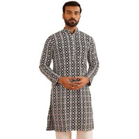 Sojanya (Since 1958 Men's Ethnic Motifs Embroidered Regular Thread Work Cotton Black Long Kurta