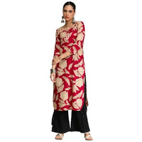 Floral Round Neck With V Detailed Round Hem Kurta Pink