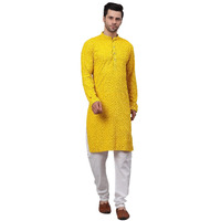 Jompers Men Chikankari Embroidered And Sequence Kurta With Churidar (Yellow, M)
