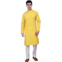 Jompers Men's Cotton Floral Printed Kurta Pyjama Set (Lemon, S)
