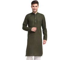 Jompers Men Green Ethnic Embroidered Pure Cotton Kurtas. (Olive, M)