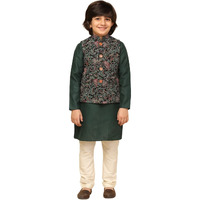 Kisah Boy's Cotton Blend Regular Fit Printed Multi Black Kurta Jacket Pyjama Set (7-8Y)