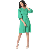 Campus Sutra Women's Solid Shamrock Green Dress With Cutout Detail For Casual Wear | Quarter Sleeve | Polyester Midi Length Dress Crafted With Comfort Fit And High Performance For Everyday Wear