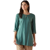 Fabindia Women's Viscose Silk Solid Slim Fit Kurta (1038239Turquoise_Turquoise