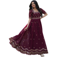 Fashion Basket Georgette Maroon Embroidered Gown For Women