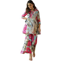 Leriya Fashion Women Ethnic Kurta Set | Rayon Co-Ord Set | Fancy Pajama Set | Pack Of 2 | Floral Printed Top & Pant Set | Full Pair Set | A-Line Kurta Set For Women (Small, Pink)