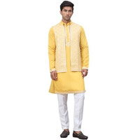 Jompers Mustard Men's Embroidered Waistcoat And Kurta Pyjama. (Mustard, Xxl)