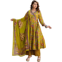 Nermosa Women Printed Anarkali Kurta And Pant Set With Dupatta (In, Alpha, M, Yellow)