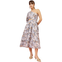 Oomph! Women's Western & Fusion Wear Printed Crepe Dress For Women, One Shoulder, Brown - Md1070