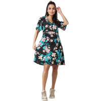 Popwings Casual Printed V-Neck Short Sleeves Knee-Length Fit And Flare Dress For Women || Frokc-Style Summer Wear Dresses For Women || Loose-Fit Comfortable Women Dress For Regular Wear Multicolour