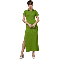 Oomph! Women's Western & Fusion Wear Stretchable Ribbed Lycra Shirt Dress For Women, Bodycon, Light Green - Md1013