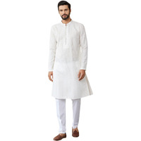 See Designs Men's Long Sleeve Mandarin Collar Side Slit Off White Embroidered Thread Work Sequinned Chanderi Silk Straight Kurta - Sdkt2512L