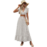 Shasmi Women's & Girl's White Coffee V-Neck Printed Dress With Ruffled Hem And Belted Waist For Vacation, One Piece Maxi For Women's Casual Dresses (140 Dress White Coffee-L)