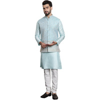 Sojanya (Since 1958 Men's Silk Blend Sky Blue Kurta And Off-White Pyjama With Blue Nehru Jacket