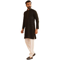 Sojanya (Since 1958 Men's Cotton Gold Embroidered Sequinned Mehndi Kurta With White Churidar Pyjama