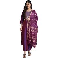 Varanga Women Purple Embroidered Kurta Paired With Tonal Bottom And Dupatta