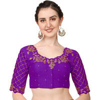 Pujia Mills Women's Embroidery Handwork, Rough Cut Work Stone Work Readymade Blouse (38, Purple)