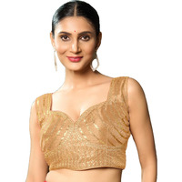 Pujia Mills Women's Readymade Blouse Embroidery Multi Coding Gold Thread Indian Ethnic Designer Stitched Readymade Saree Sleeveless Gold Blouse For Women For Saree Lehenga Choli