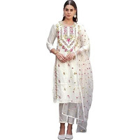 Womanista Women's Pure Cotton Kurta With Trouser & Dupatta (Kurtaset_1413_White_M)