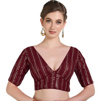 Pujia Mills Women's Georgett Half Sleeve Deep V Neck Embroidered With Sequins Blouse (Zhankhi Maroon 38)