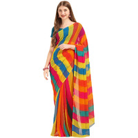 Rytras Yellow & Turquoise Blue Colourblocked Pure Chiffon Saree