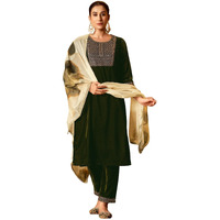 Sanisa Women's Velvet Sequins Embroidery Straight Kurta With Pant And Dupatta Set (218Kbd2314N-M_Mehandi Green)