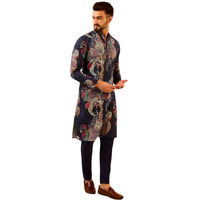 Kisah Men's Kurta, Navy Blue Cotton, Paisley Regular Fit Mandarin Collar Long Sleeves (M)