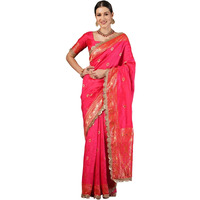 Satrani Women's Silk Banarasi Jacquard Weaving Saree With Unstitched Blouse Piece (4032S667N_Bright Pink)