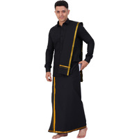 Prakasam Cotton Mens Flexi Readymade Black Jari Border Dhoti + Full Sleeve Black Shirt + Matching Black Jari Border Towel