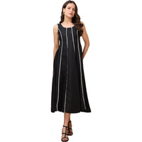 Purvaja Womens Round Neck Flared Cotton Blend Dress (Floe-045-L_Black)