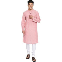 Fabindia Men Cotton Slim Fit Geometric Long Kurta Pink_S