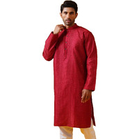 Sojanya (Since 1958 Men's Silk Bend Krochet Thread Embroidered Red Long Kurta