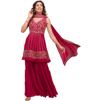 Xomantic Fashion Womens Purple Designer Zariwork Georgette Readymade Sharara Suit (X-Small, Pink)