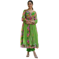 Xomantic Fashion Pink Georgette Printed Alia Cut Suit Set (X-Small, Green)