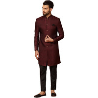 Kisah Men's Maroon And Black Sherwani Trousers Set, Cotton Full Sleaves, Knee Length, Straight, Regular Fit, Mandarin Collar Ethnic Wear