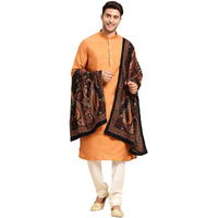 Kisah Men's Rust Kurta Set With Dupatta Cotton Blend Fabric Full Sleaves, Knee Length, Mandarin Collar Ethnic Wear, L