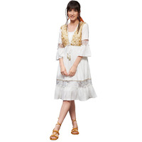 Miss Chase Women's Square Neck Ruffled Sleeve Viscose Rayon Embroidered Jacket Paneled Midi Dress (Mcss22D16-04-114-03, Off-White, S)