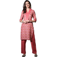 Greciilooks Womens Cotton Casual Regular Fit Kurta Pant Set (Pink, Small)