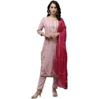 Ishin Women's Pure Silk A-Line Embroidered Gotta Patti Floral Print Pink Kurta Suit Set With Trouser Kpldpnk-Ff-10063_S_Pink