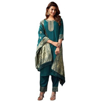 Sanisa Women's Cotton Blend Sequence Embroidery Work Straight Kurta With Pant And Dupatta Set (221Kbd2350Nr-S_Rama Green)