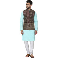Sojanya (Since 1958 Men's Pure Cotton Sky Blue Kurta And White Pyjama With Wine Nehru Jacket