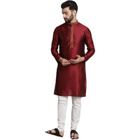 Sojanya (Since 1958 Men's Silk Blend Maroon Kurta And Off White Churidar Pyjama Set