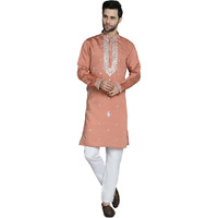 Jompers Men's Peach Embroidered Kurta With Pyjama. (Peach, S)
