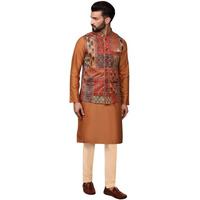 Kisah Mens Kurta Jacket Trouser Set, Long Sleeves Printed Mandarin Silk Blend Collar, Multi Ethnic Wear Set For Men, 44