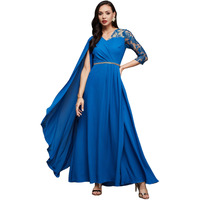 Miss Chase Women's V-Neck Asymmetric Embellished Maxi Georgette Dress (Mcss23D98-54-229-06, Royal Blue, Xl)